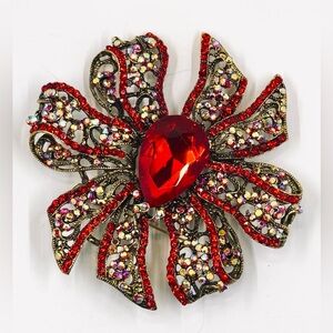 Gold Tone Red & AB Aurora Crystal Rhinestone Bow Brooch 3.5”X3.5”